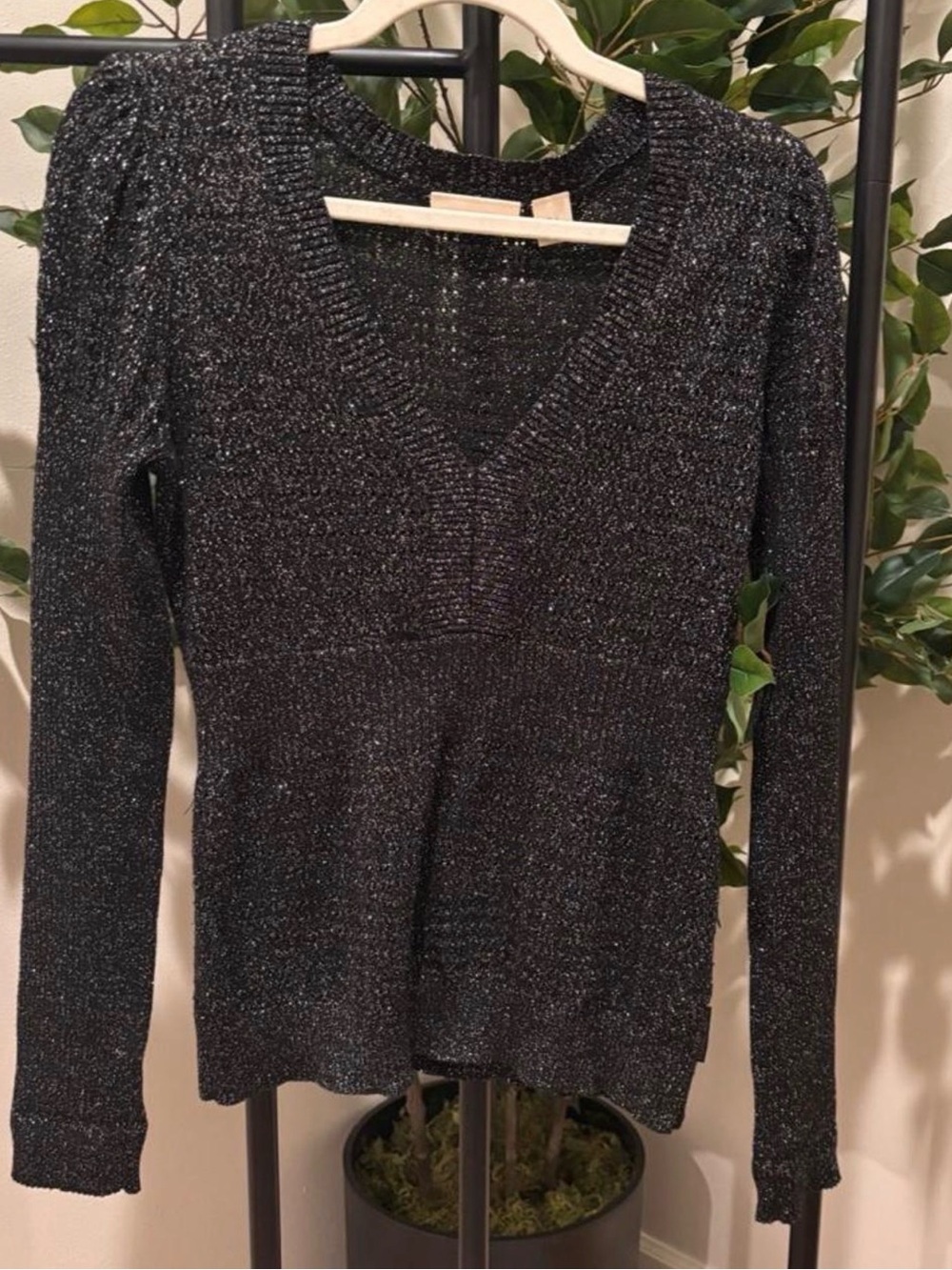 DKNY Black Metallic V-Neck Long Sleeve Top